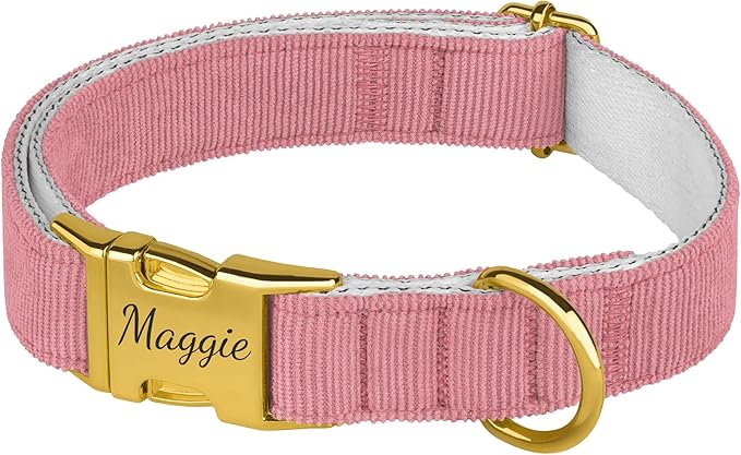 Personalized Dog Collar with Gold Metal Buckle, Velvet Custom Dog Collars for Small, Medium & Large Dogs – Puppy Collars with Metal Buckle, 4 Sizes, 8 Colors (Pink, L, 15"-19")