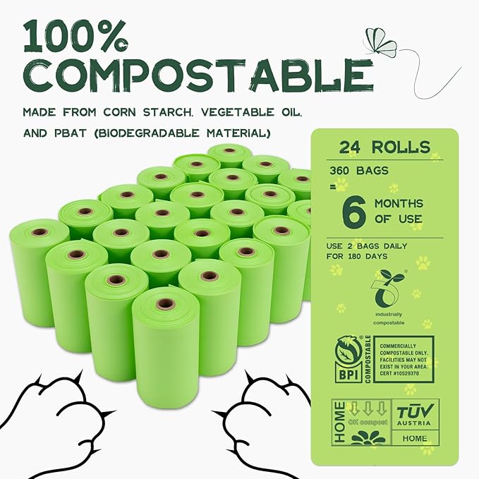 Loveishere 100% Compostable & Biodegradable Poop Bags (Green), Certified by ASTM D6400 and EN 13432, 20 Micron Thick, Guaranteed Leak Proof (360 Bags, 24 Rolls)