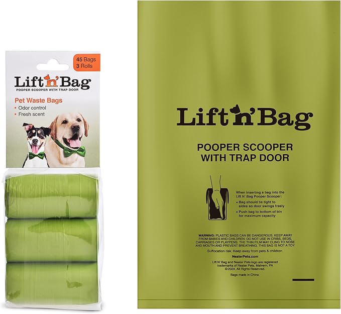 Neater Pets Lift N’ Bag Extra-Capacity Dog Poop Bags Rolls, 20% Thicker Leakproof Poop Bags for Dogs, Extra-Large Dog Pooper Scooper Refill Bags, 3 Rolls - 45 Count, Lavender Scent, 14.25” x 9.5”