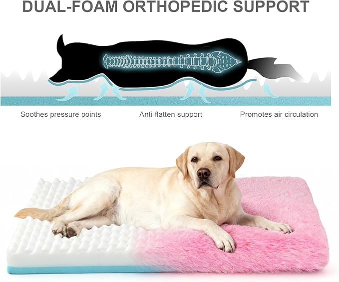 XL Orthopedic Dog Bed for Large Dogs, Dual-Layer Memory & Egg-Crate Foam, Washable Warm Winter Plush Cover, Waterproof Liner, Non-Slip Bottom, Crate/Kennel Pad, 44 x 32 Inch, Pink