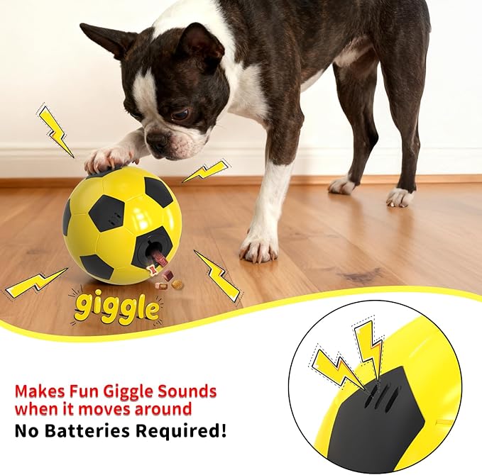 Interactive Dog Toys Treat Dispensers - Giggle Squeaky Dog Soccer Ball Rewards Puzzle to Keep Them Busy, Mental Stimulation Enrichment Food Dispensing for Small Medium Large Breeds, Yellow