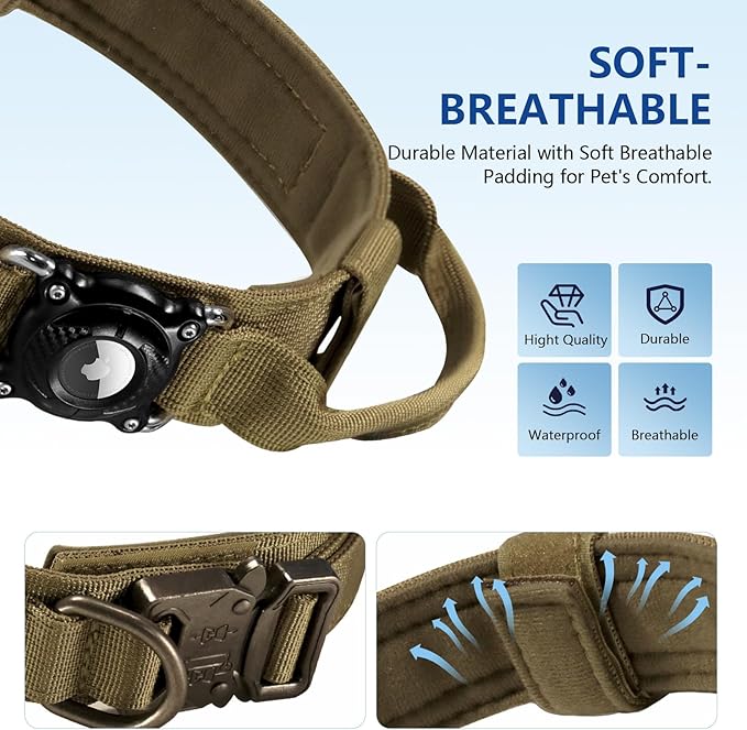Upgraded AirTag Dog Collar, IP68 Waterproof Air Tag Dog Collar Holder, Ultra-Durable, Comfortable Padded, Heavy Duty Dog Collars for Medium Large Dogs with Smart ID tag(Khaki,XL)
