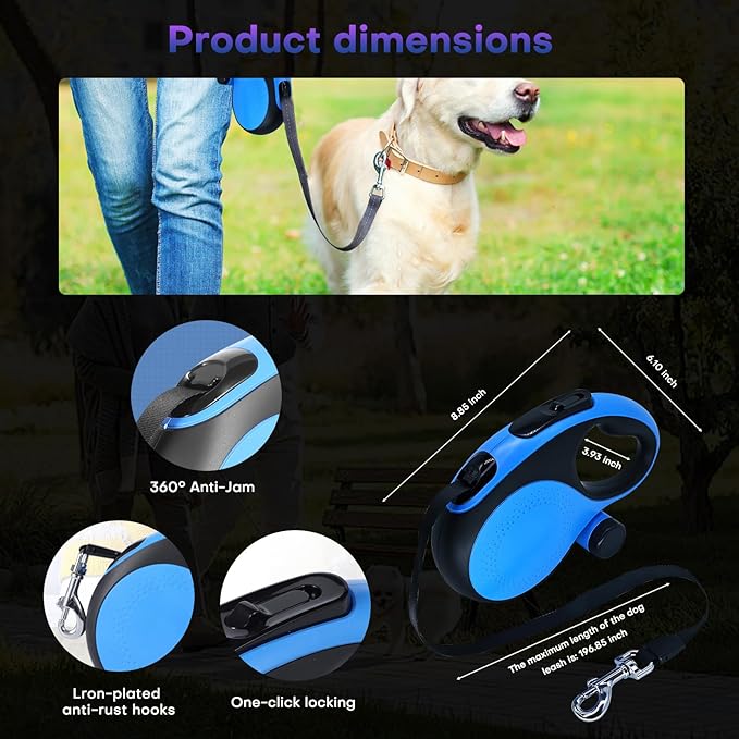 Retractable Dog Leash with Chew Proof Cable, 26ft Heavy Duty Dog Leash for Medium Large Dogs up to 110lbs, Strong Nylon Strap That Won't Tangle,360° No Tangle, one-Hand Brake.(Blue, 26Ft)