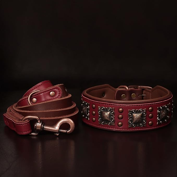 PET ARTIST Genuine Leather Dog Collar for Large Dogs, 2 inch Wide Luxury Dog Collar with Rivet Studded & Metal Buckle, Comfortable & Stylish Pet Collars for Great Dane Rottweiler,Red,Neck 22-25"