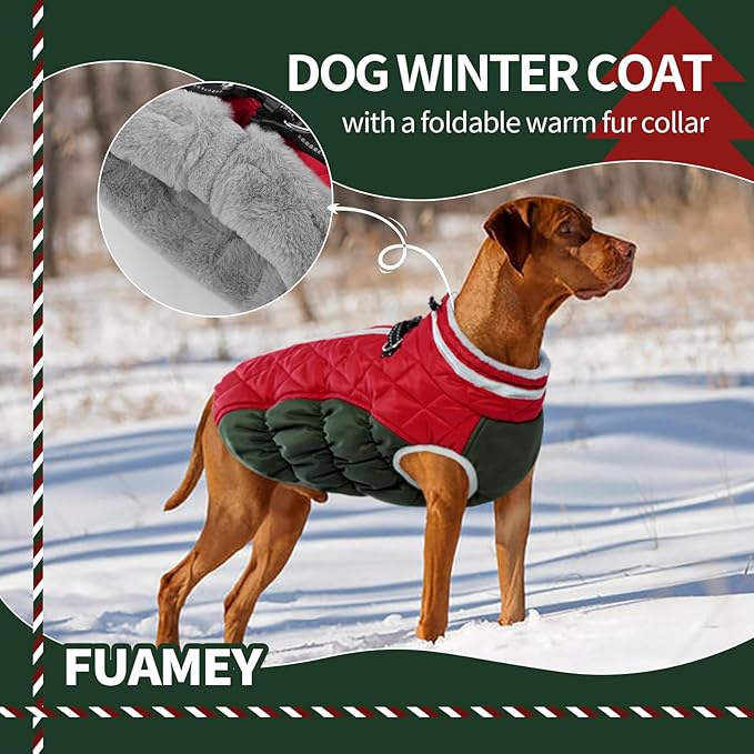 FUAMEY Dog Coat for Small Dogs,Waterproof Dog Winter Jacket with Harness Built in Puppy Cold Weather Coats Reflective Pet Vest with Zipper Warm Fleece Dogs Snowsuit Windproof S