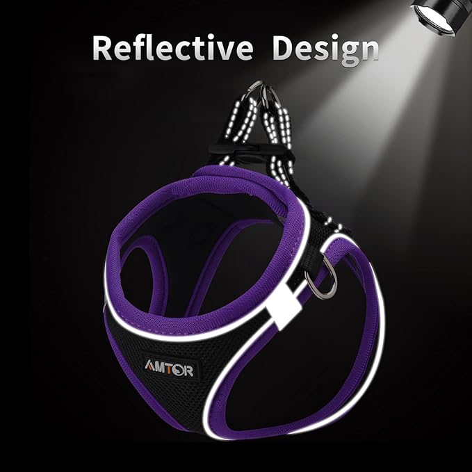 AMTOR Small Dog Harness with Leash Set, No Escape Easy Walk Puppy Harnesses for Training Walking, Step-in Reflective Soft Dogs Vest for XS S Medium Extra-Small Large Sized Dog(M,Black/Purple)