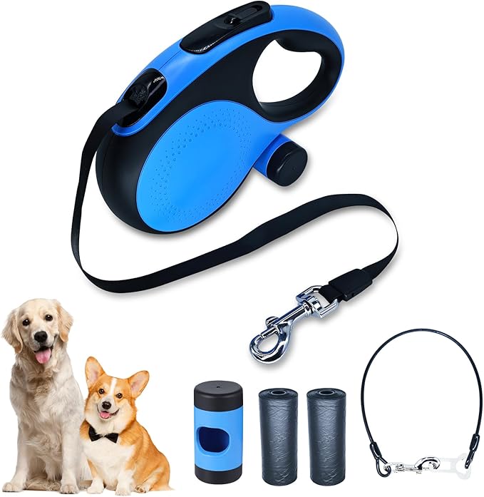 Retractable Dog Leash with Chew Proof Cable, 26ft Heavy Duty Dog Leash for Medium Large Dogs up to 110lbs, Strong Nylon Strap That Won't Tangle,360° No Tangle, one-Hand Brake.(Blue, 26Ft)