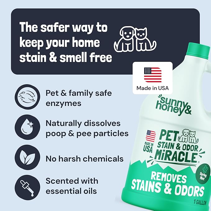 Sunny & Honey Pet Stain Remover - For New and Deep-set Stains - Pet & Kid Safe Pet Enzyme Cleaner - Fast Acting Carpet Cleaner Spray for Rugs, Upholstery & Furniture (128 fl oz, Spring Mint)