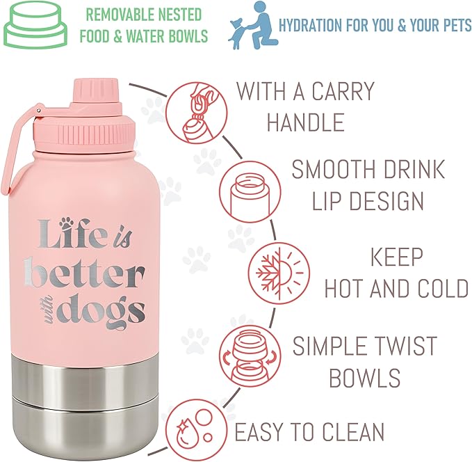 TEEAMORE Life is Better With Dogs Water Tumbler with Bowls Personalized Stainless Steel Travel Bottle Pink