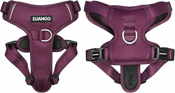 DJANGO Tahoe No Pull Dog Harness – Escape-Proof Dog Harness for Medium & Large Dogs w/Front & Back Clips for Everyday – Adjustable, Padded, Reflective, Secure, Easy On/Off – Raspberry Purple, Large