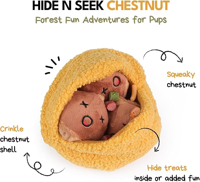CHEWFFON Interactive Hide-and-Seek Burrow Toys, Dog Toys for Boredom, Cute Squeaky Plush Toy, Dog Toys for Small Medium and Large Dogs, Crinkle Snuffle Puzzle Toy-Chestnuts 4 Piece Set