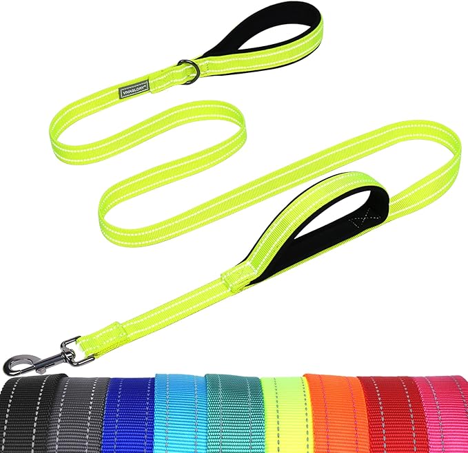 VIVAGLORY Twingrip Dog Leash, Double Handle Dog Leash for Training & Walking with Traffic Handle & 2 Loop, Traffic Control Reflective Heavy Duty for Puppy Pet, 6ft x 1in, Bright Yellow