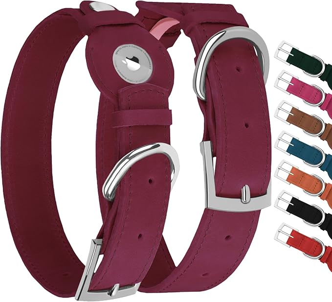 Leather Dog Collar with Airtag Holder - Apple Air Tag Dog Collars - Soft Tracking GPS Pet Collar for Small Medium Large Dogs Breed Puppy (Burgundy, L, 15"-19" Neck Fit)