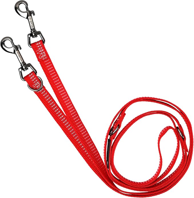 Blue-9 Reflective Multi-Function Dog Leash, Double Attachment Adjustable Lead for Obedience Training and Running, 6 Feet, Made in The USA, Medium/Large, Red