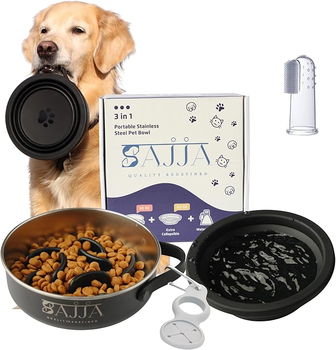 Black Slow Feeder Travel Dog Bowl Set | 30oz Stainless Steel + 20oz Collapsible Silicone Dish | Water Bottle Holder| Non-Slip, Anti-Choking, BPA-Free | We Give Back