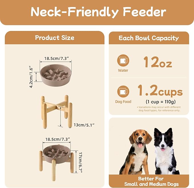 Ceramic 1.2 Cup Dog Raised Slow Feeder Set, Elevated Bowl with Wooden Stand for Medium and Small Dog, 7.3inch Slow Feeder Dish for Fast Easters(Brown Coffee, Single Bowl+ Stand)