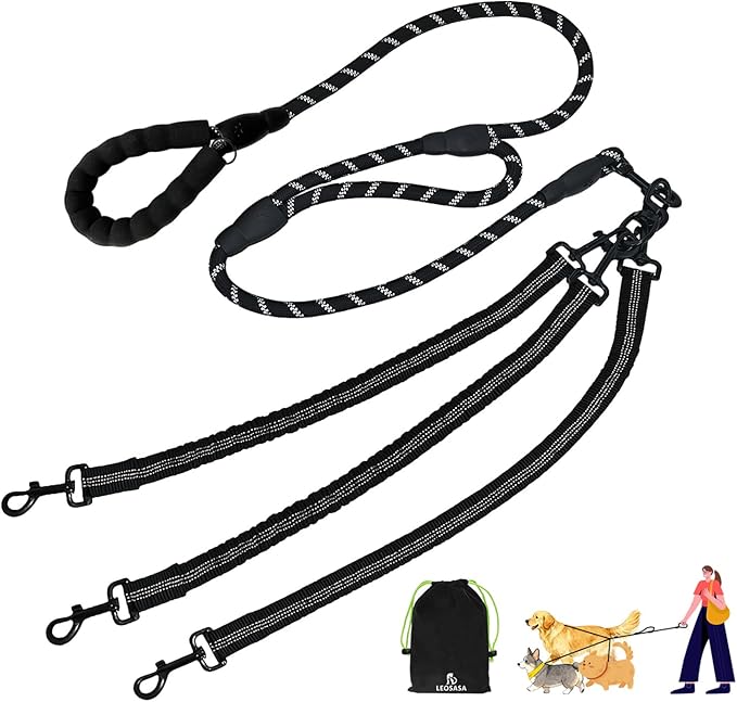 No Tangle Leash for 3 Dogs, 3-in-1 Leash with 360° Swivel & Shock Absorbing Bungee, Padded Handle No Tangle Walking Lead for Large Medium Small Dog