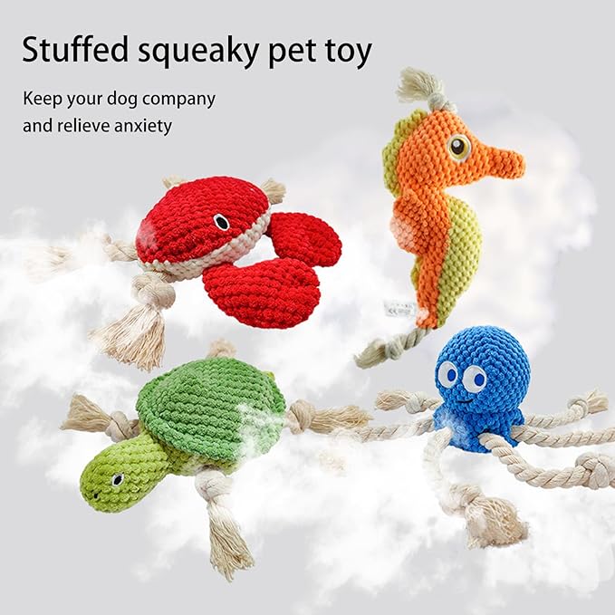Cute Marine Animal Dog Squeaker Chew Toys, Interactive Stuffed Cotton Plush Rope Knot Toys with Crinkle Paper- for Puppy, Small, Middle Dogs(Green Turtle)