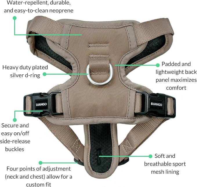 DJANGO Tahoe No Pull Dog Harness – Escape-Proof Dog Harness for Large & XL Dogs with Front & Back Clips for Everyday Use – Adjustable, Padded, Reflective, Secure Fit, Easy On/Off – Sandy Beige, XXL