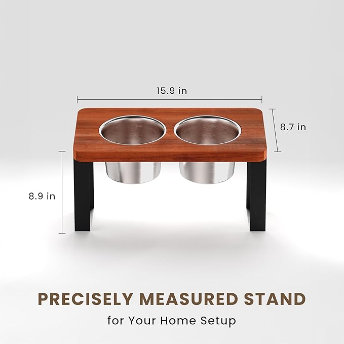 8.9" Tall Elevated Dog Bowls - Ergonomic Stainless Steel Dog Bowls with 10° Tilt in Acacia Wood Stand for Medium Breed