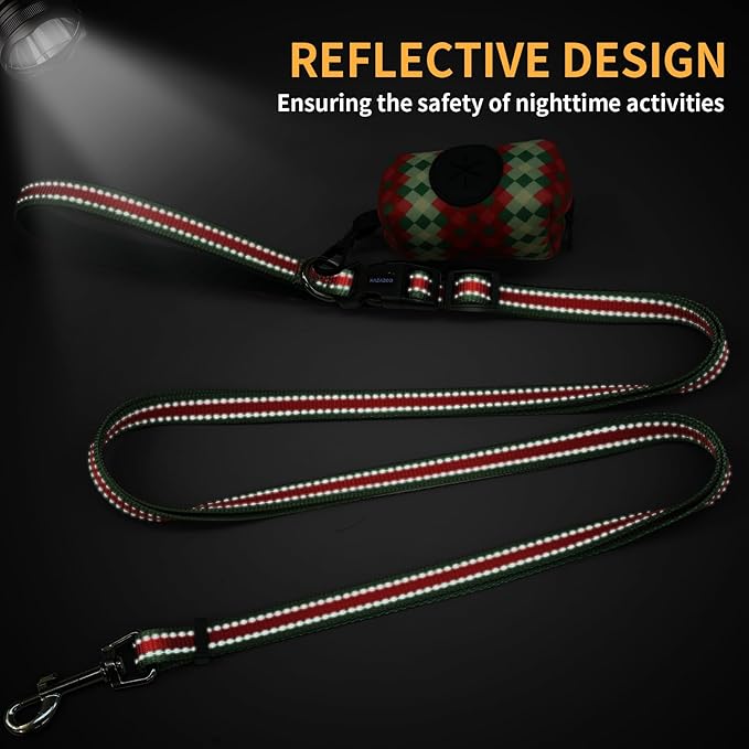 Kazazoo Hands-Free Dog Leash with Poop Bag Holder, Adjustable 4-7 Ft Waist for Dog Walking, Running for Small & Medium Dogs with Reflective Strips, Nylon Waist Belt，Red&Green