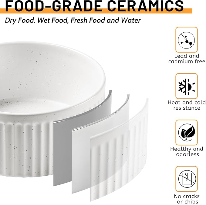 Non-Slip Ceramic Dog Bowls, 5" Dog Food and Water Bowl Set with Silicone Base, 16oz/2cups Weighted Flip-Proof Pet Feeding Bowl for Small Dogs and Cats (Small, White)