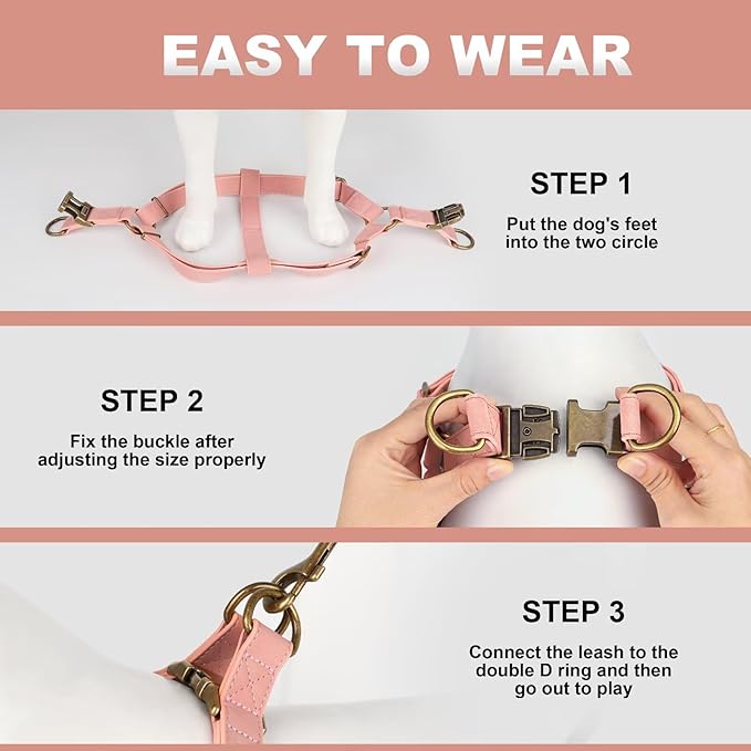 Didog Step in Dog Harness - PU Leather Dog Harness with Antique Bronze Metal Buckle, Easy Walk Dog Halter Harness for Medium Dogs Walking Training (Pink, S: Chest 16-22")