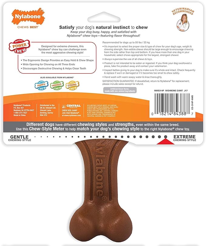 Nylabone 3 Pack of Power Chew Wishbone Chew Dog Toys, Giant, Bison Flavor