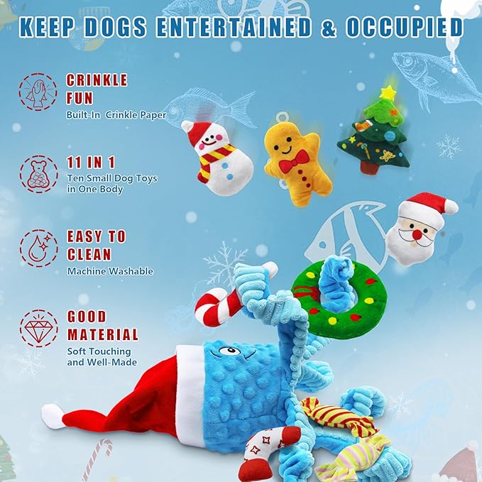 Christmas Dog Toys, Octopus Dog Toy with 10 Pcs Small Dog Toy, Crinkle Plush Dog Toy for Puppies, Interactive Holiday Pet Toys Sets (Blue)