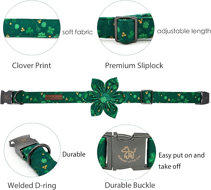 Elegant little tail St. Patrick's Dog Collar, Green Clover Dog Collars Cute Pet Gift Cute Puppy Flower Adjustable Pet Collars for X-Large Dogs