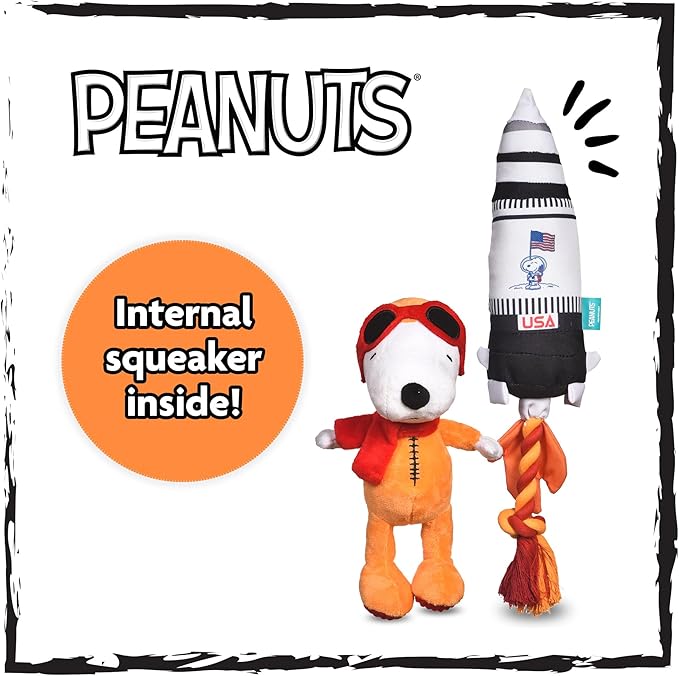 Peanuts for Pets Space Explorer Snoopy Plush and Rocket Ship Rope Tug Dog Toy Set, Squeaky Puppy Toys, Stuffed Animal, Ideal for Dog Birthday, Small and Large Dogs