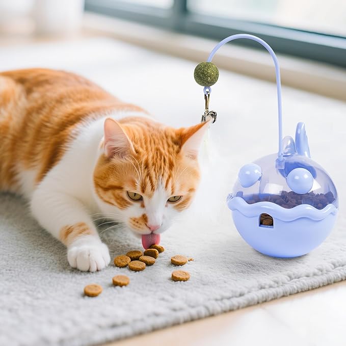 Cat Interactive Toys,Wobble Kitten Treat Dispensing Ball with Catnip and Feathers, Indoor Puzzle Slow Feeding, Cats Treat Dispenser Kicker Toy for Large, Medium and Small Cats (Blue, Fish