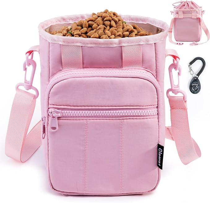 Stylish Dog Training Treat Pouch with Waist & Shoulder Strap, Dog Treat Bag for Walking and Training, Removable Waterproof Liner, Drawstring Treat Holder with Front Pocket & Clicker