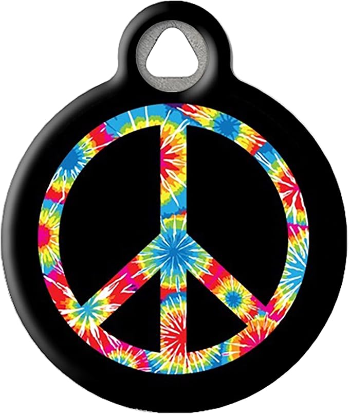Dog Tag Art Tie Dye Peace Symbol Custom Pet ID Tag for Dogs and Cats, Silent Polymer Coated Stainless Steel Nametag - Large 1.25" Diamter