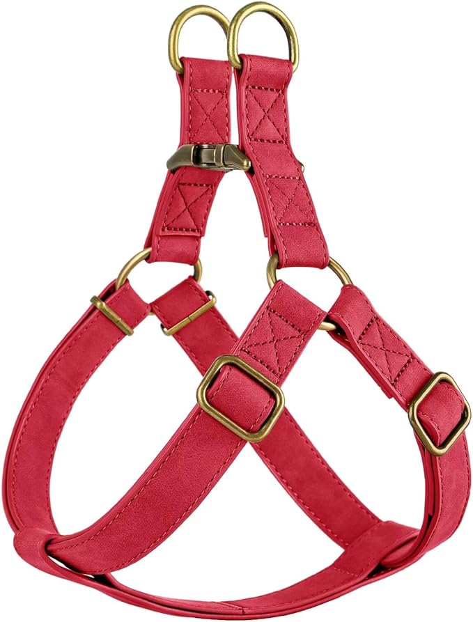 Didog Step in Dog Harness - PU Leather Dog Harness with Antique Bronze Metal Buckle, Easy Walk Dog Halter Harness for Medium Dogs Walking Training (Red, S: Chest 16-22")