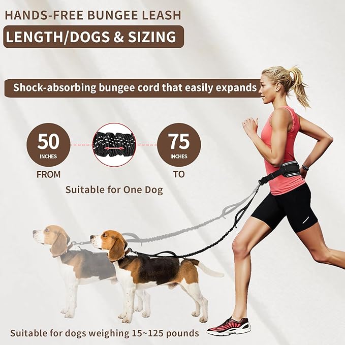 Tails & Tales Hands Free Dog Leash with Waist Pouch, Lumbar Support Upgraded, Bungee Reflective Leash, Adjustable Belt 25-55", Walking Running Hiking Training for Dogs Up to 125lbs (Black, One Dog)