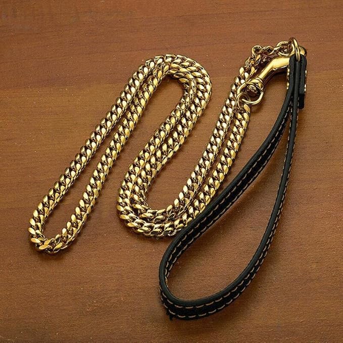 3FT/4FT/5FT Heavy Duty Gold Dog Chain Leash 10MM Stainless Steel Miami Cuban Link Chain with Durable Genuine Leather Handle for Training Walking(10mm,3ft)…