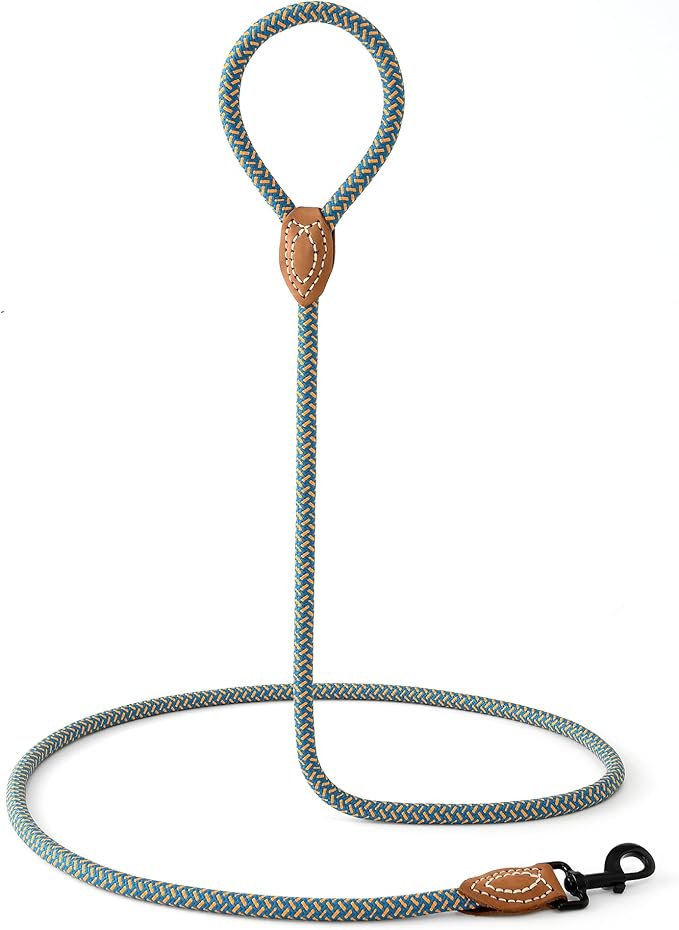 Mile High Life Rope Leash with Genuine Leather Connection, 6 FT/5 FT/4 FT, Heavy Duty Dog Leash for Medium & Large Dogs (Peacock Blue, 72 Inch)