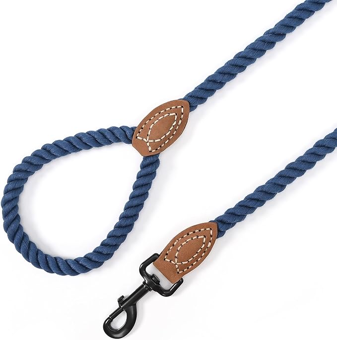 Mile High Life Dog Leash, Braided Cotton Rope Leashes with Leather Tailor Tip with Leather Tip - Heavy Duty Metal Clasp, 4FT, 1/2" Thick - Wedding, Walking Leash for Medium Large Dogs(Navy)