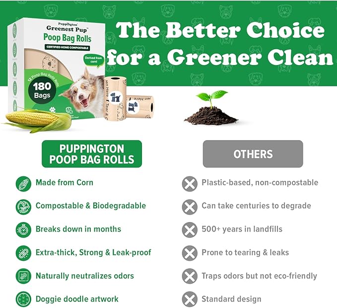 Puppington Certified Home Compostable Poop Bags - ASTM D6400 Compliant - 180 Extra Thick Bags - Plant Based - Pairs with Puppington 3-in-1 Bag & Fits all Standard Poop Bag Dispensers (Vanilla Cream)