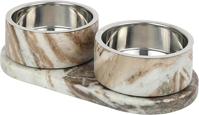 DBL1000C Marbre Small/Medium Modern Weighted Double Marble and Stainless Steel Bowl 12oz (1.5 Cups) Feeder with Non-Slip Marble Tray Set, Beige/Gray