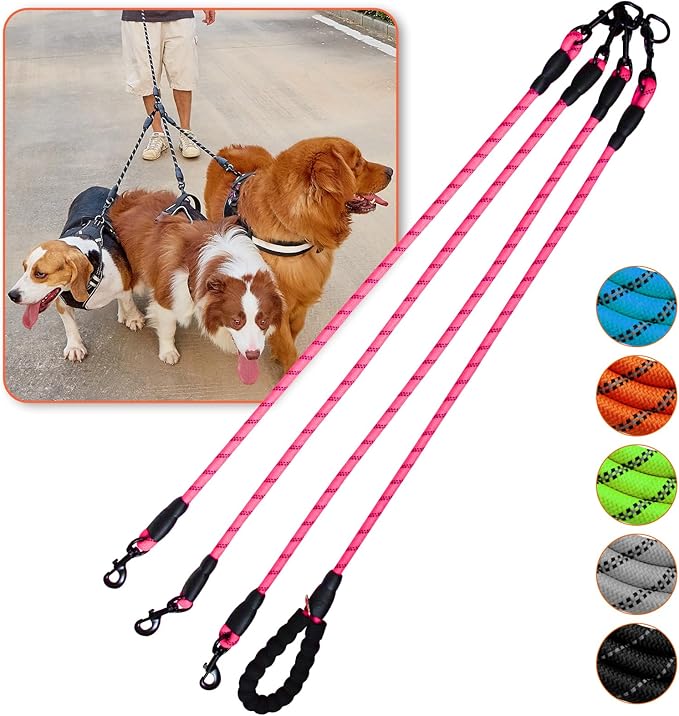 Three Dog Leash,3 Way Dog No Tangle Triple 360 Swivel No Tangle Walking Leash for 3 Dogs with Reflective for Large Medium Small Dogs