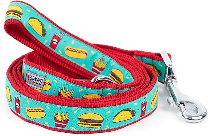 THE WORTHY DOG Stylish Food Fest Patterned Leash for Dogs, Solid Nickel Plated - Turquoise, Small