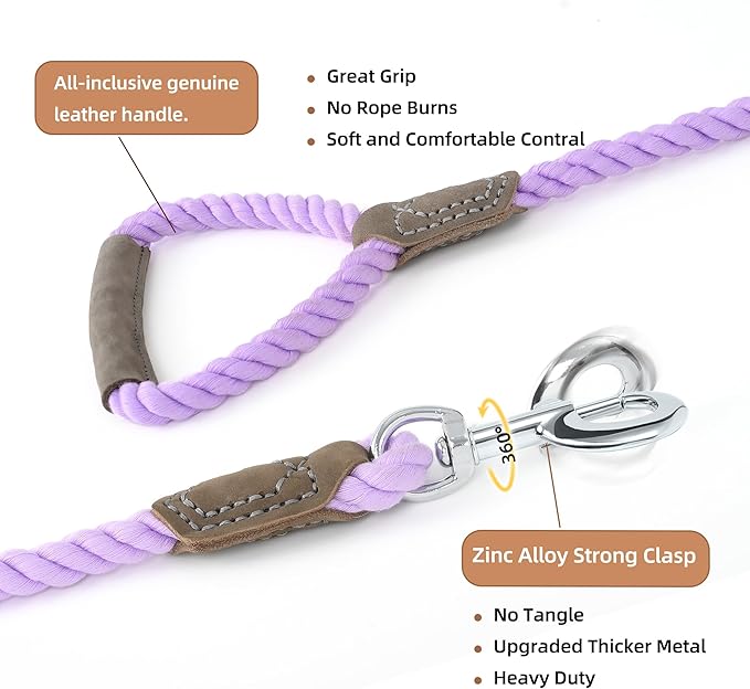 Mile High Life Dog Leash, Braided Cotton Rope Leashes with Leather Handle - Heavy Duty Metal Clasp, 5FT, 1/2" Thick - Wedding, Walking & Training Leash for Small Medium Large Dogs (Purple)