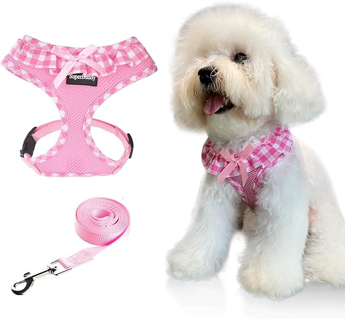 SuperBuddy Upgraded Soft Mesh Dog Harness, Super Breathable Lightweight Pet Harnesses for Puppy Dogs Outdoor Walking, Pink Dog Harness and Dog Leash Set Packing -Small
