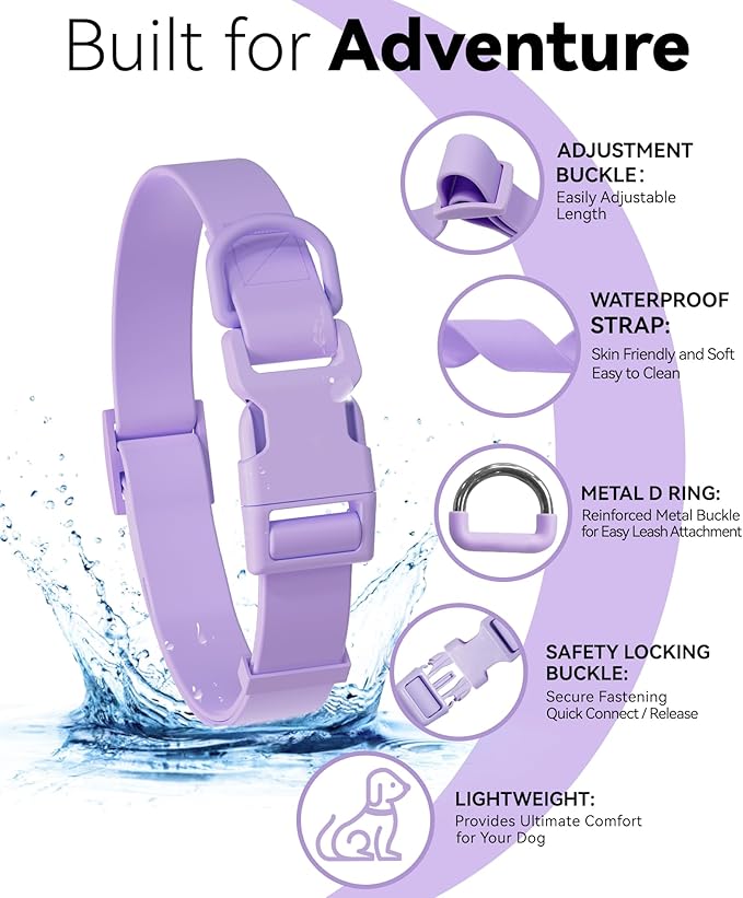 Waterproof Dog Collar, Rubber Adjustable Collars with Quick Release Buckle, Odor-Resistant, Easy to Clean Pet Collars for Small Medium or Large Dogs (Purple, S 9.5-14.1 inch)