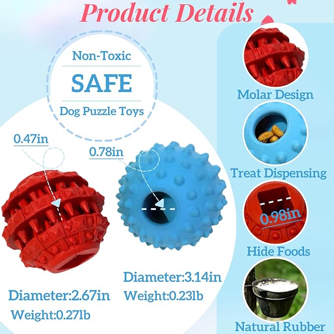 2Pack Interactive Dog Puzzle Toys for Treat Dispensing, Durable Rubber Dog Balls for Teething, Treat Ball for Small/Medium/Large, Slow Feeder/IQ Training Blue-3.14‘’,Red-2.67‘’