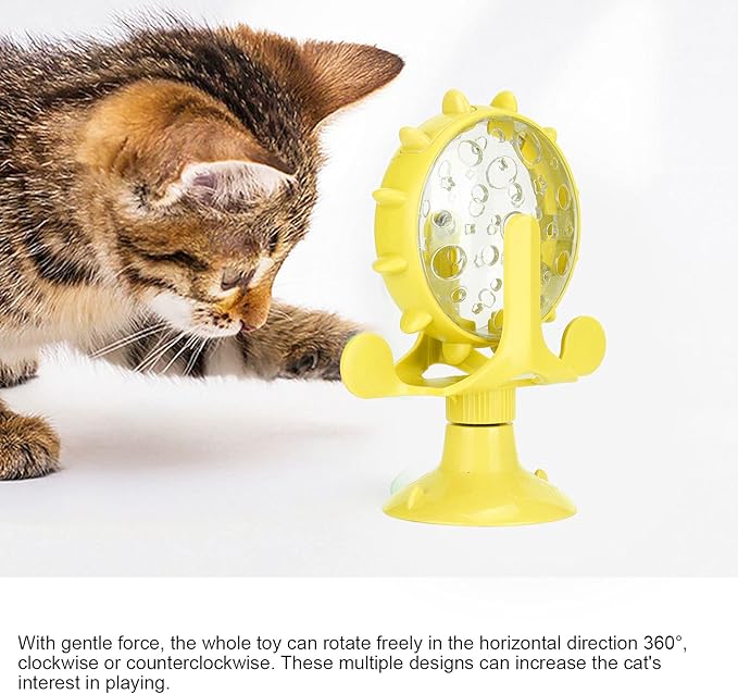 Interactive Cat Food Treats Dispenser Toy, Pet Slow Feeder Feed Training Toy Cat Windmill Toy Dog Food Dispenser, 360° Rotating Windmill Suction Cup Toys for Educational Interactive Training (Yellow)