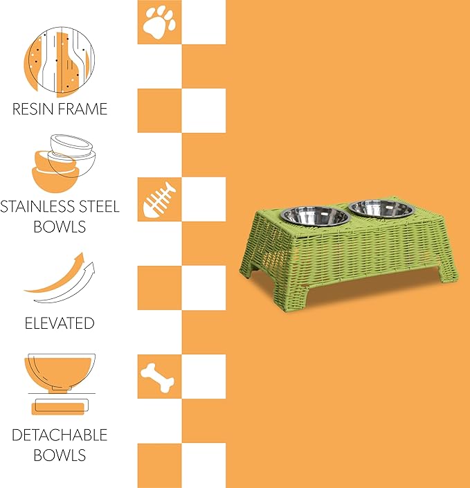 DBL4000Y Serenity 6.9" Small/Medium Elevated Wicker Pet Feeder with 18oz (2.2 Cups) 2-Stainless Steel Bowls, Light Green