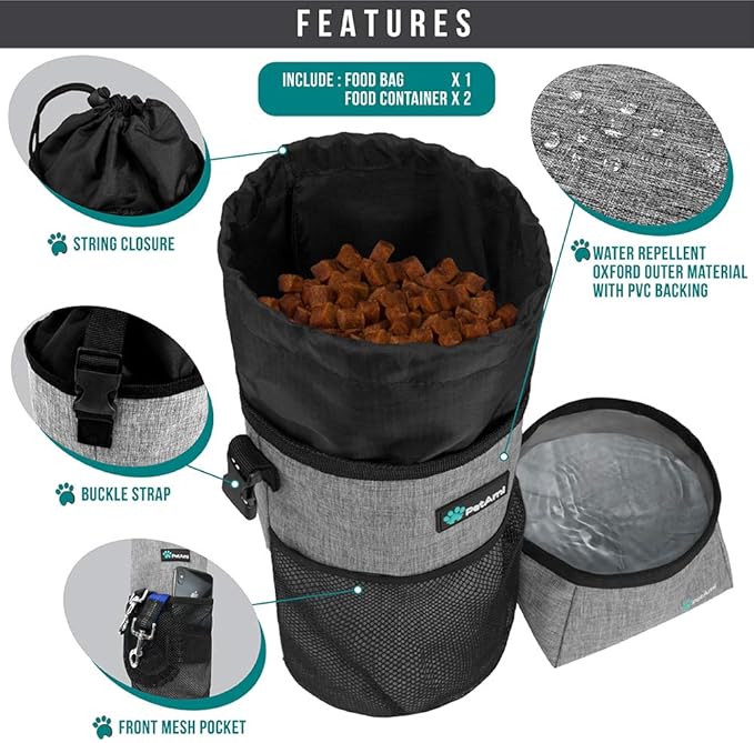 PetAmi Travel Dog Food Bag with 2 Collapsible Bowls Waterproof Dog Kibble Storage & Foldable Food Water Bowls for Dogs & Cats, Hiking & Camping (Heather Grey)